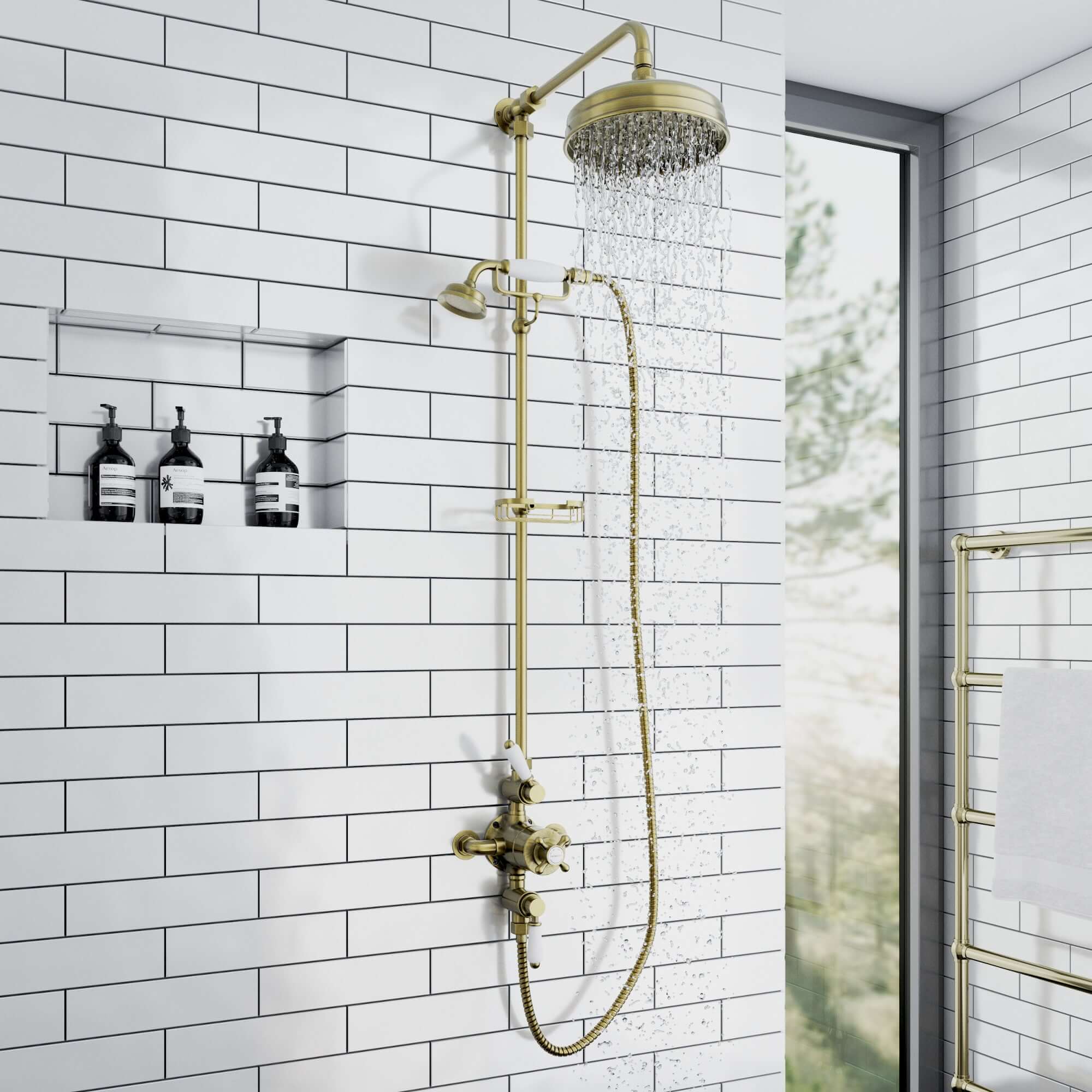 Buy Downton Exposed Traditional Thermostatic Shower Set 2 Outlet, Incl. Triple Shower Valve, Rigid Riser Rail, 200mm Shower Head, Telephone Style Ceramic Handset & Caddy - Antique Brass Online UK | HOUSE OF ENKI